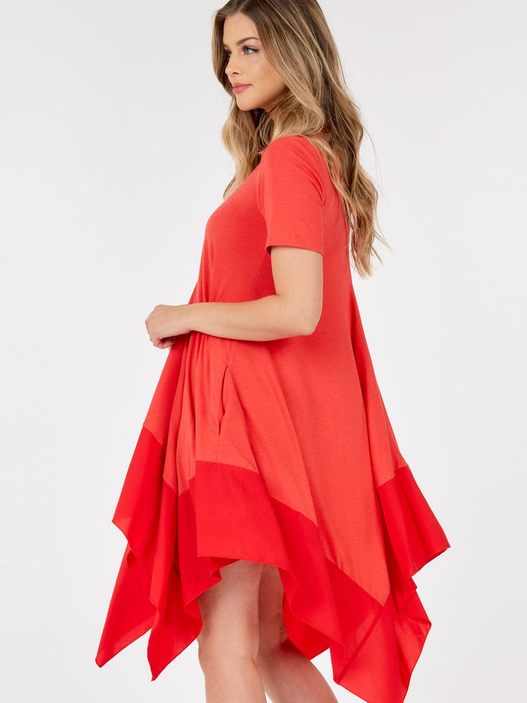 WOMEN'S SHORT SLEEVE V-NECK TUNIC FRONT POCKETS HIGH LOW MINI DRESS