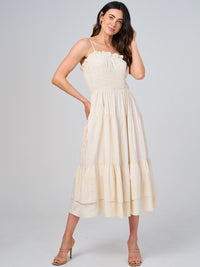 WOMEN'S SLEEVELESS FRONT POCKETS TIERED STRIPES SMOCK MAXI DRESS