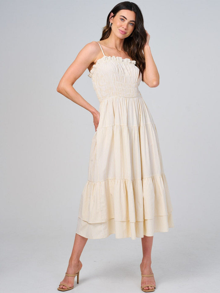 WOMEN'S SLEEVELESS FRONT POCKETS TIERED STRIPES SMOCK MAXI DRESS