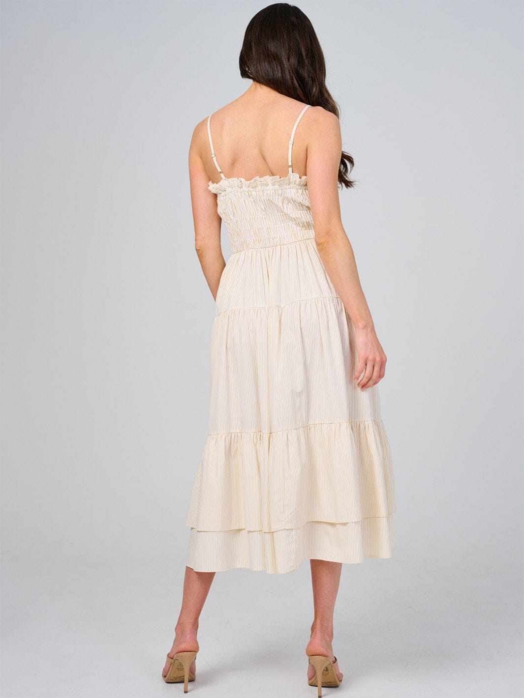 WOMEN'S SLEEVELESS FRONT POCKETS TIERED STRIPES SMOCK MAXI DRESS