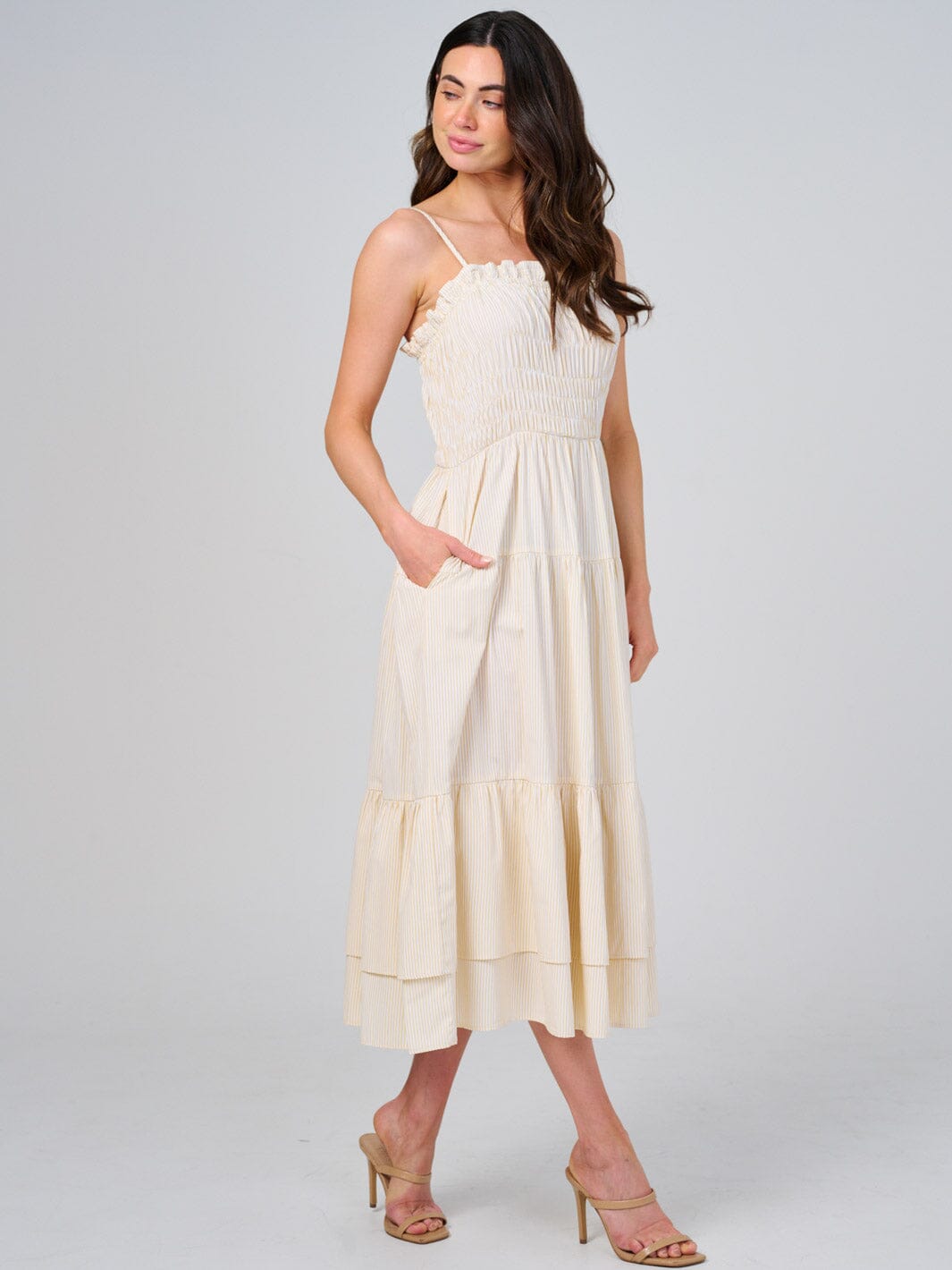 WOMEN'S SLEEVELESS FRONT POCKETS TIERED STRIPES SMOCK MAXI DRESS