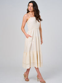WOMEN'S SLEEVELESS FRONT POCKETS TIERED STRIPES SMOCK MAXI DRESS
