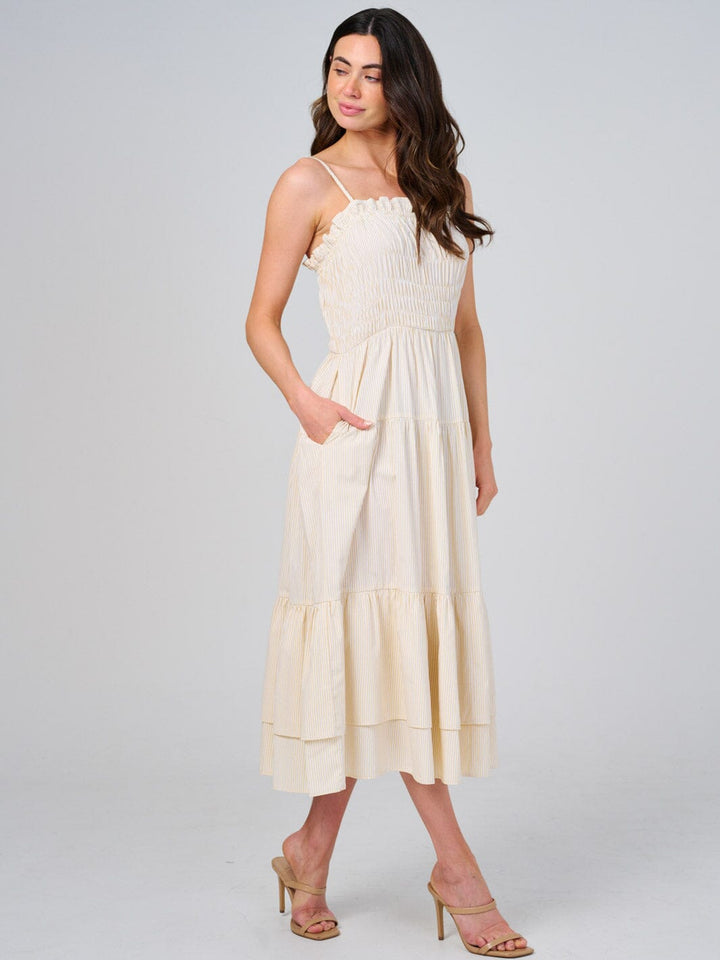 WOMEN'S SLEEVELESS FRONT POCKETS TIERED STRIPES SMOCK MAXI DRESS