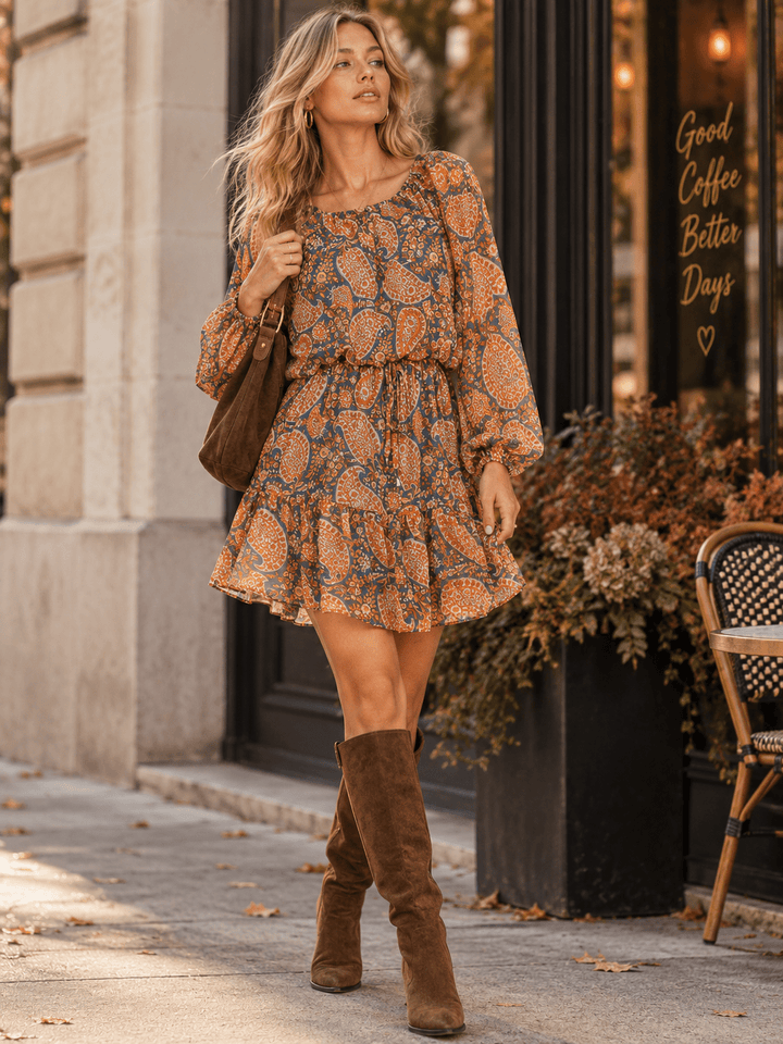 ENTRO WOMEN'S LONG SLEEVE V-NECK ELASTIC WAIST PAISLEY PRINT MINI DRESS