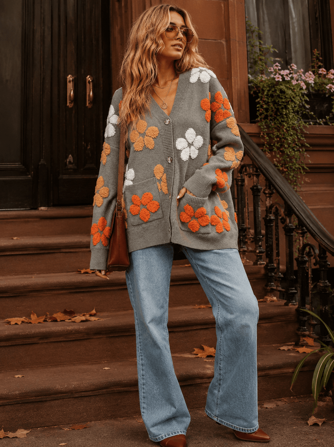 WOMEN'S LONG SLEEVE BUTTON UP FRONT POCKET FLORAL CARDIGAN