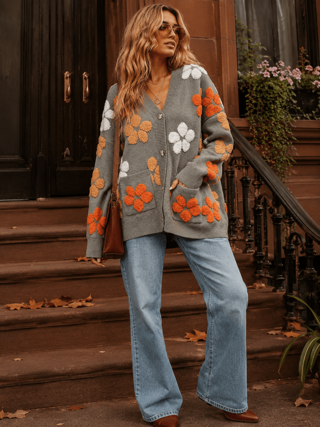 WOMEN'S LONG SLEEVE BUTTON UP FRONT POCKET FLORAL CARDIGAN