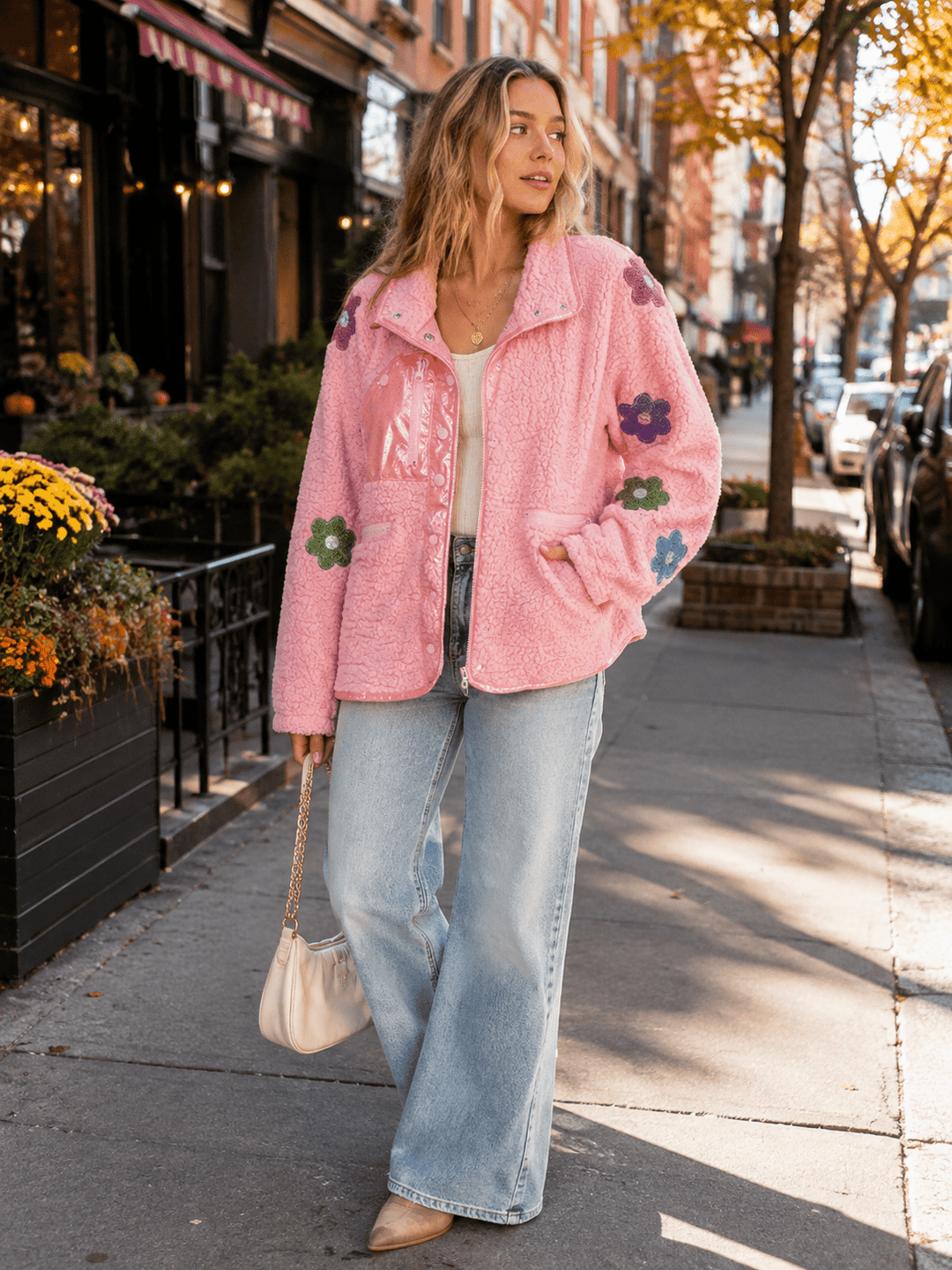 WOMEN'S LONG SLEEVES BUTTON CLOSURE FLOWERS DETAILED SHERPA SWEATER
