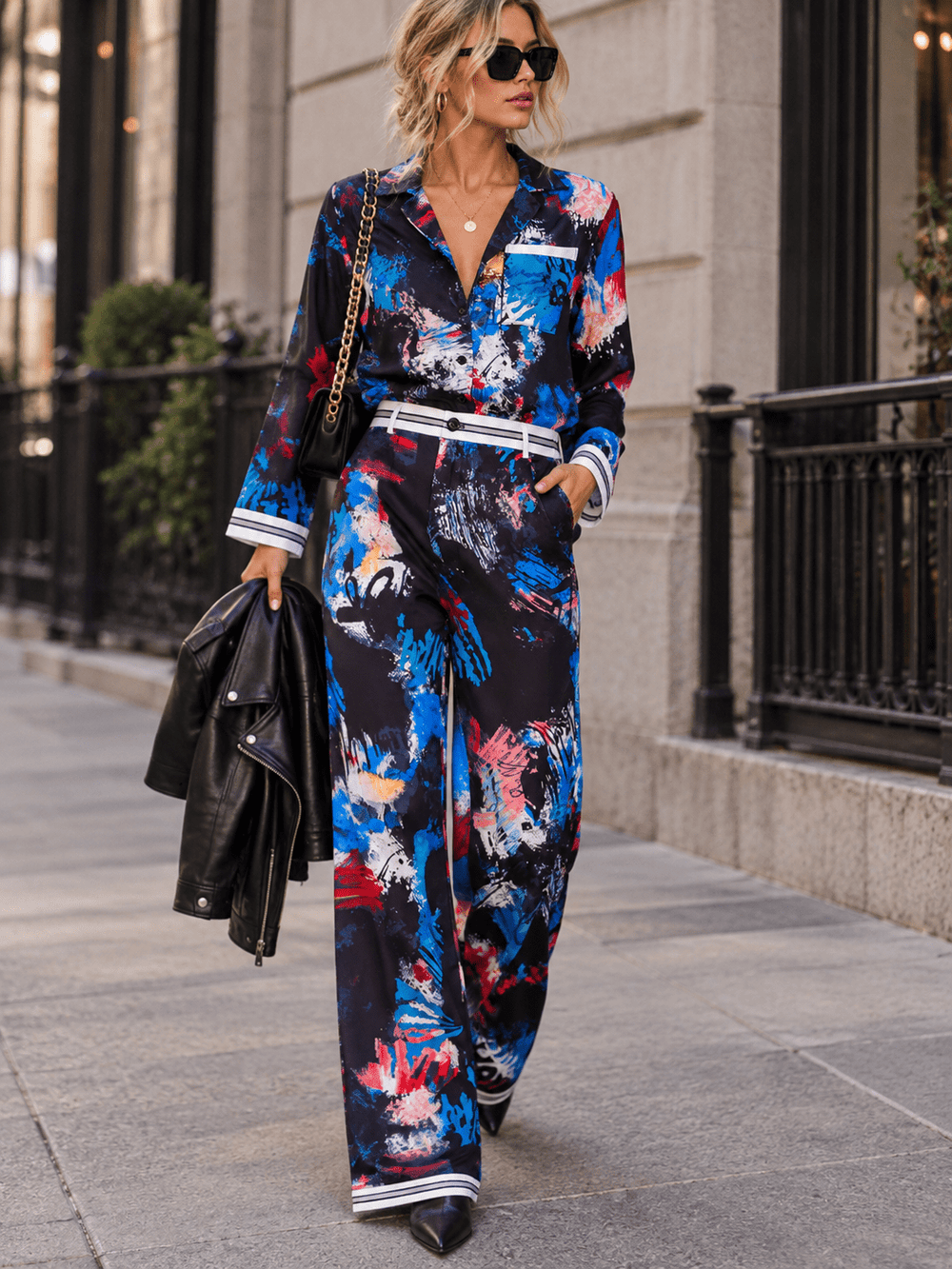 WOMEN'S LONG SLEEVE BUTTON UP BLOUSE & ELASTIC WAIST WIDE LEG PANTS MULTI PRINT 2PC. SET