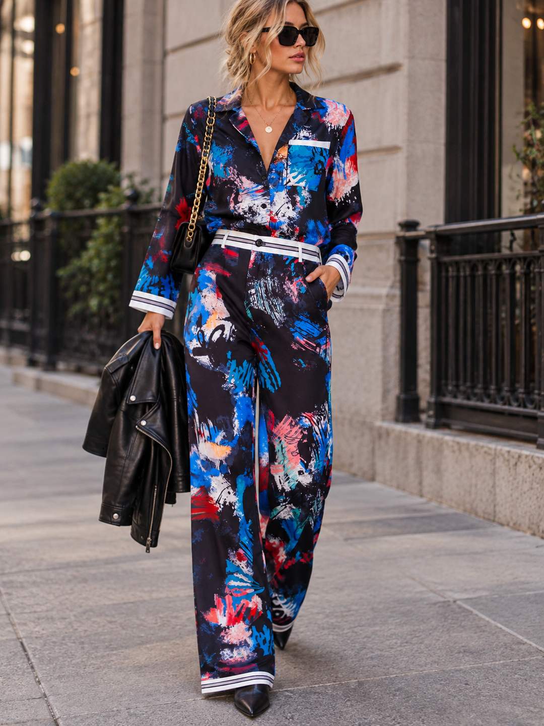 WOMEN'S LONG SLEEVE BUTTON UP BLOUSE & ELASTIC WAIST WIDE LEG PANTS MULTI PRINT 2PC. SET