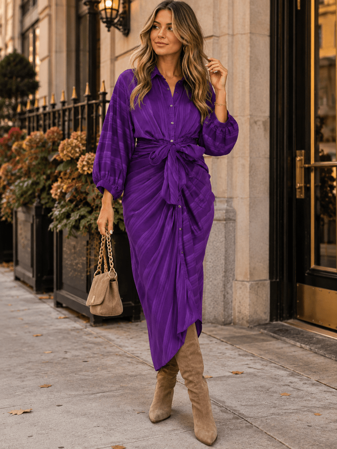 ENTRO WOMEN'S LONG SLEEVE BUTTON UP SELF TIE MAXI DRESS
