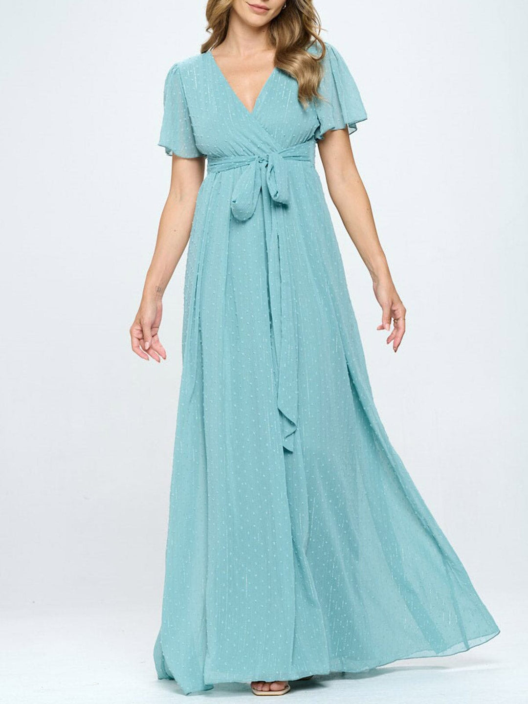 WOMEN'S SHORT SLEEVE SURPLICE SWISS DOTS MAXI DRESS