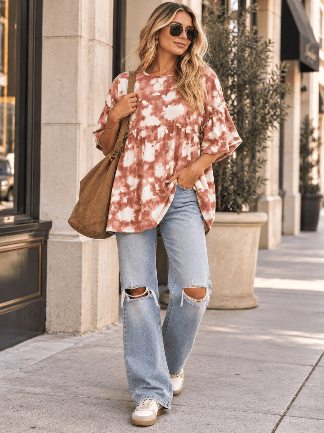 ENTRO WOMEN'S SHORT RUFFLE SLEEVE TIE DYE TUNIC BLOUSE
