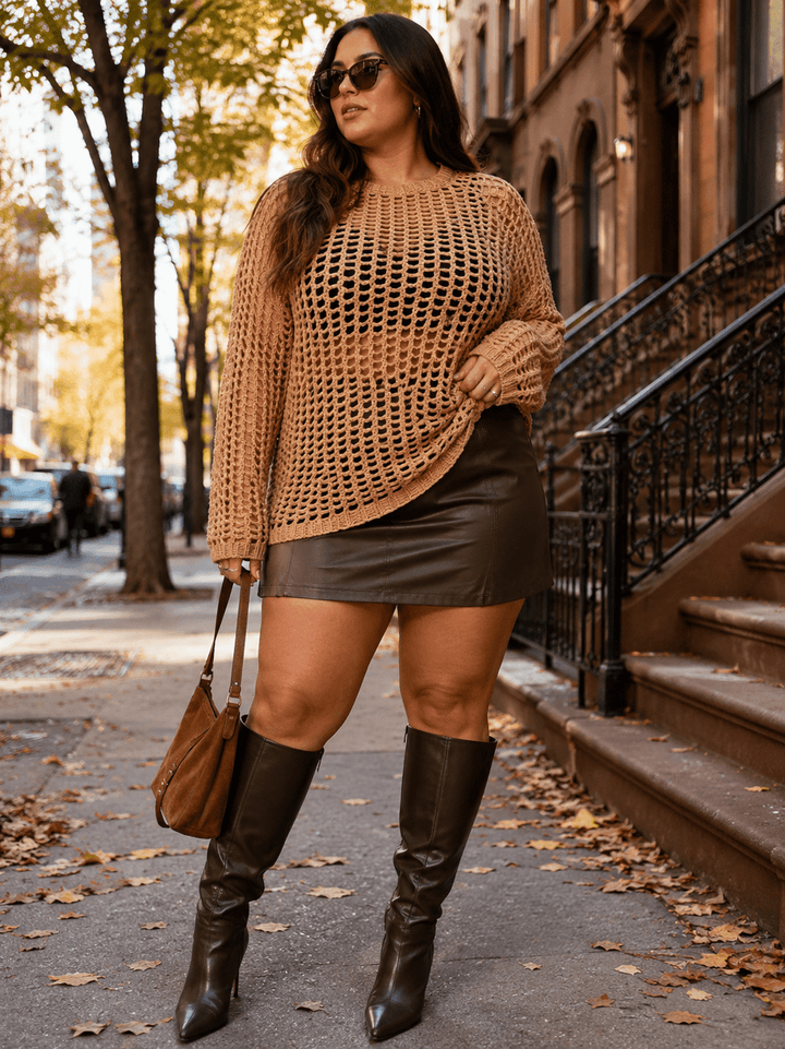 PLUS SIZE LONG SLEEVE CROCHET PULLOVER SWEATER
