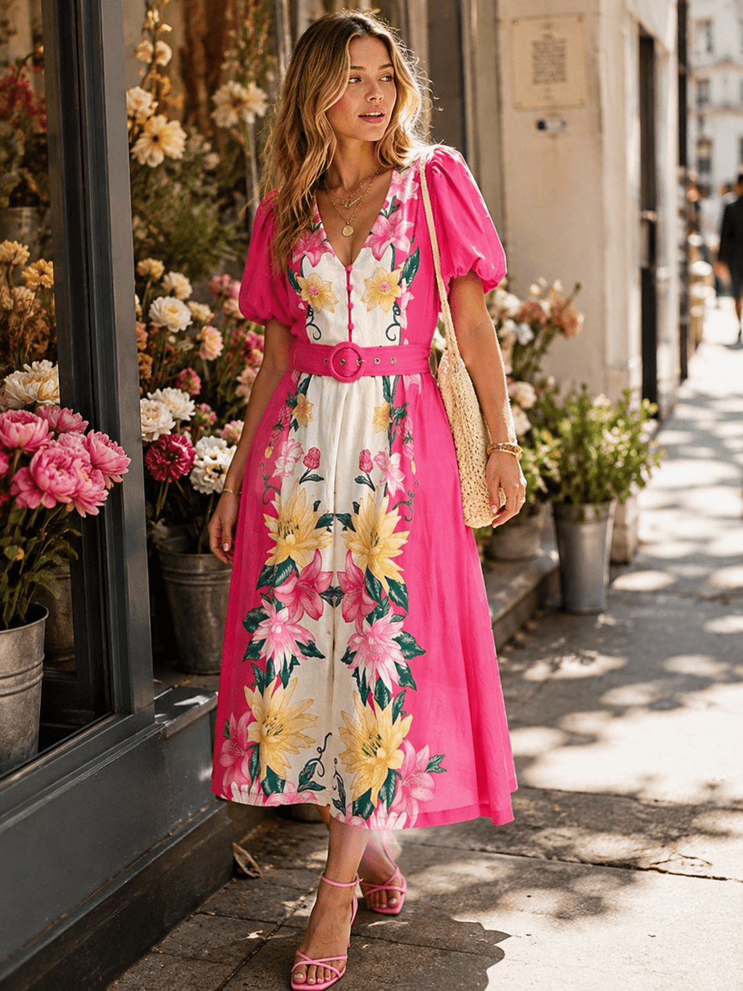 WOMEN'S SHORT PUFF SLEEVE BUTTON BELTED FLORAL PRINT MAXI DRESS
