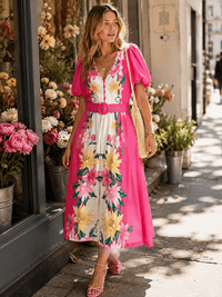 WOMEN'S SHORT PUFF SLEEVE BUTTON BELTED FLORAL PRINT MAXI DRESS
