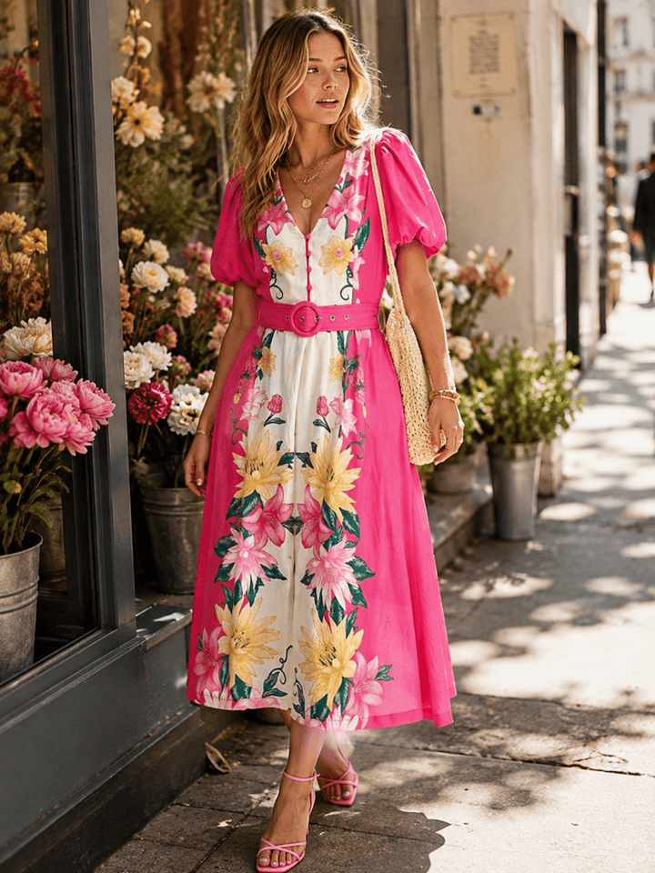 WOMEN'S SHORT PUFF SLEEVE BUTTON BELTED FLORAL PRINT MAXI DRESS
