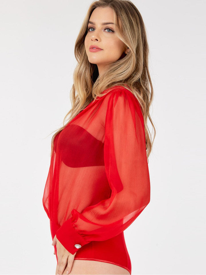 WOMEN'S LONG SLEEVE V-NECK SURPLICE MESH BODYSUIT