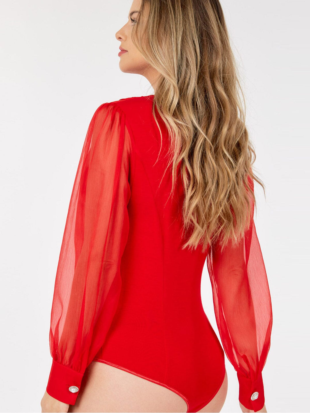 WOMEN'S LONG SLEEVE V-NECK SURPLICE MESH BODYSUIT