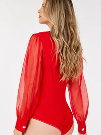 WOMEN'S LONG SLEEVE V-NECK SURPLICE MESH BODYSUIT