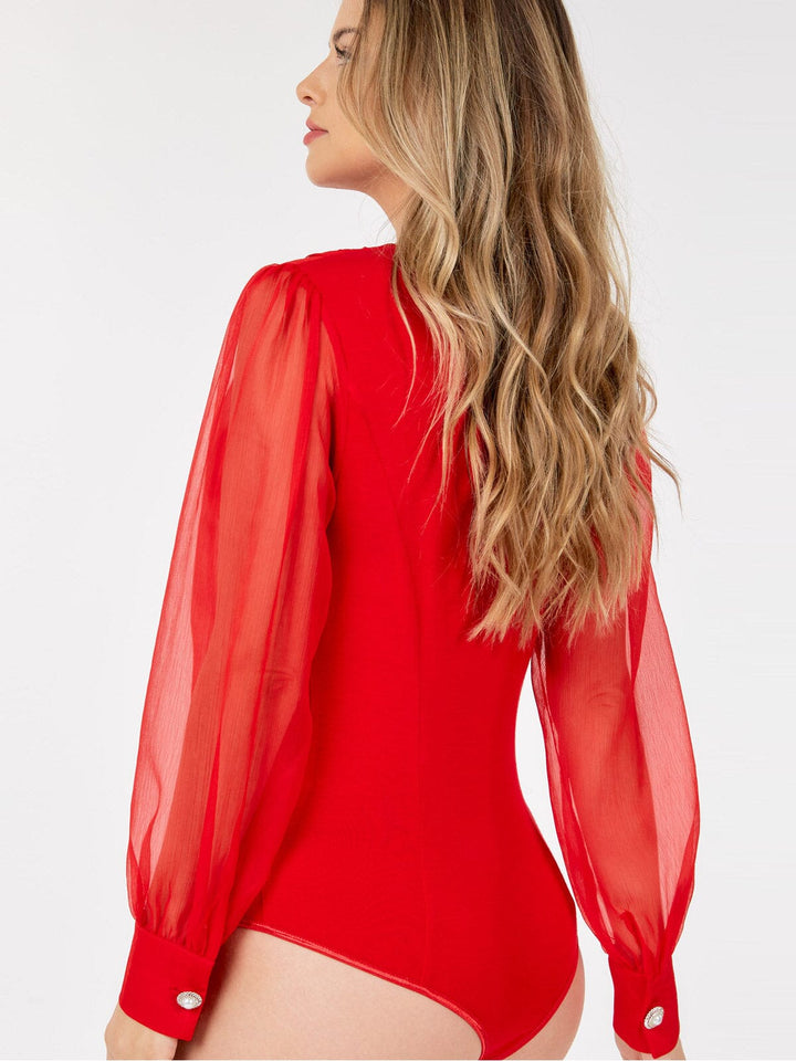 WOMEN'S LONG SLEEVE V-NECK SURPLICE MESH BODYSUIT