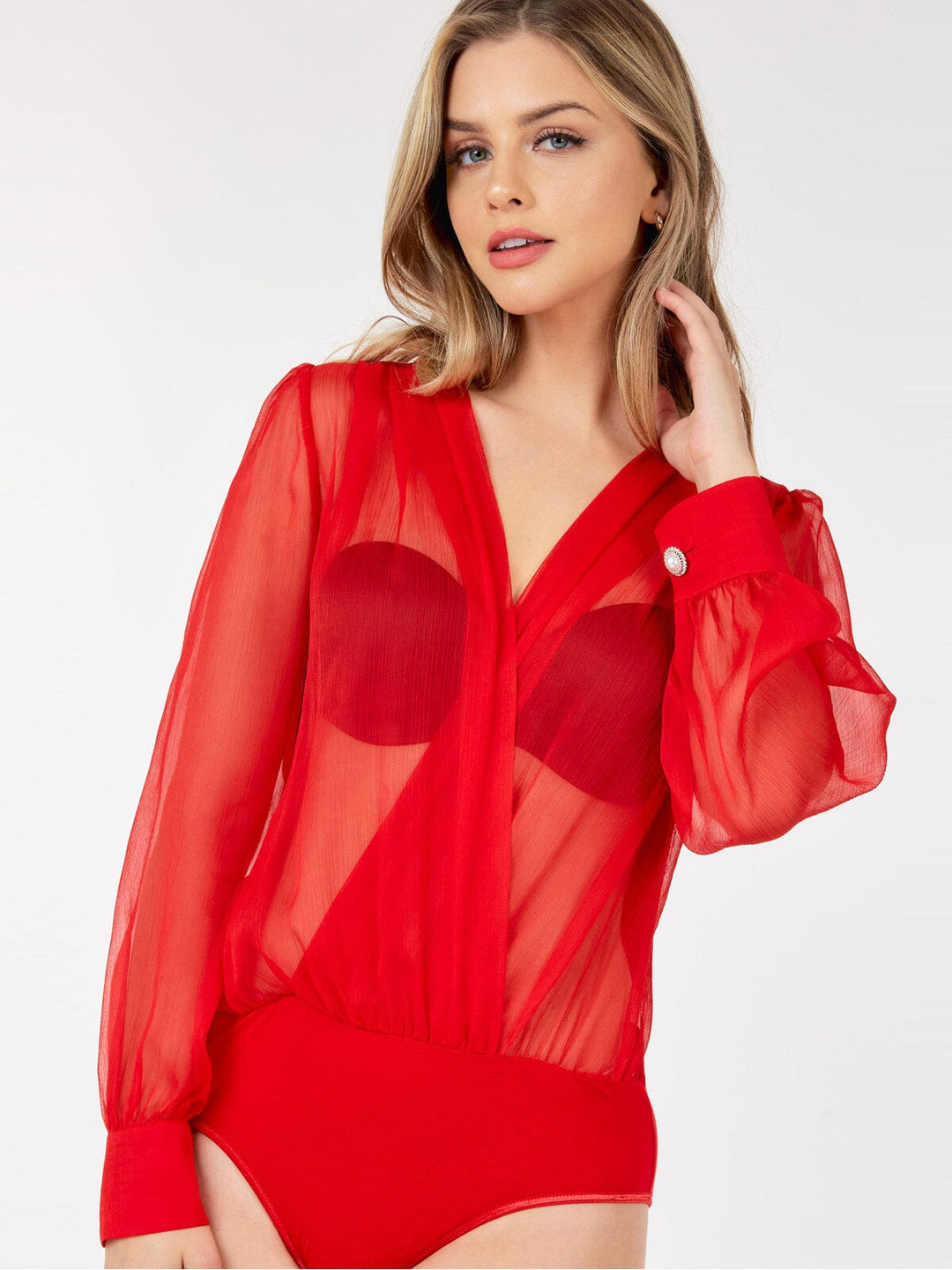 WOMEN'S LONG SLEEVE V-NECK SURPLICE MESH BODYSUIT
