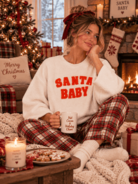 WOMEN'S LONG SLEEVE SANTA BABY SHERPA PULLOVER SWEATER