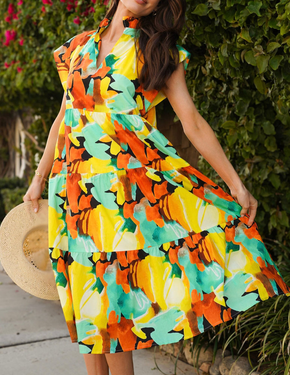 WOMEN'S SLEEVELESS V-NECK POCKETS TIERED TUNIC MULTI PRINT MIDI DRESS