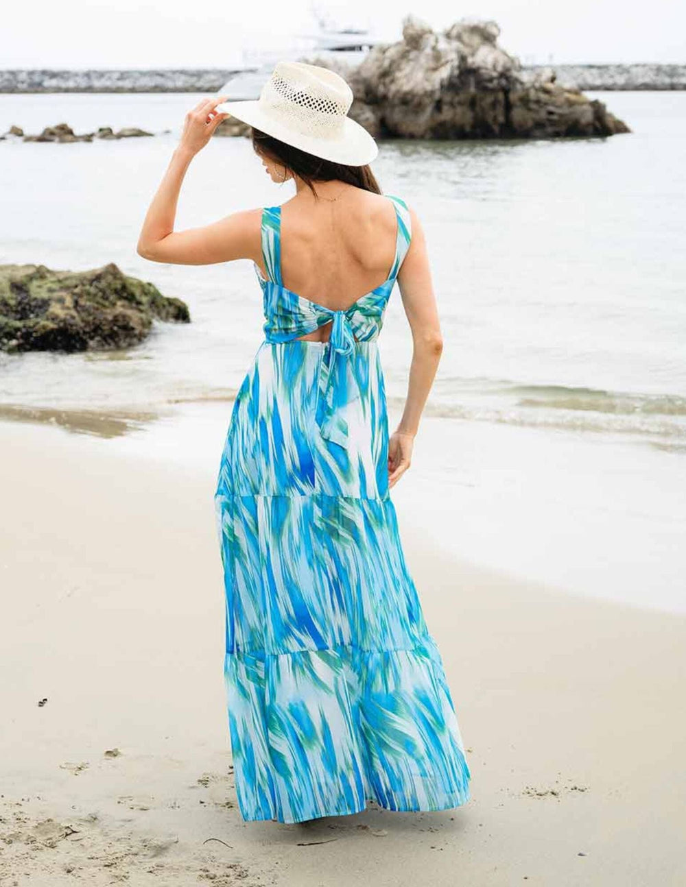 WOMEN'S SLEEVELESS TIERED FRONT TWIST BACK TIE MULTI MAXI DRESS