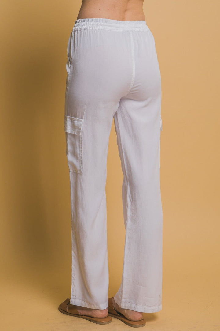 WOMEN'S ELASTIC WAIST SELF TIE CARGO POCKETS STRAIGHT LEG PANTS