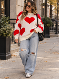 PLUS SIZE LONG SLEEVE HEARTS GRAPHIC PULLOVER SWEATER