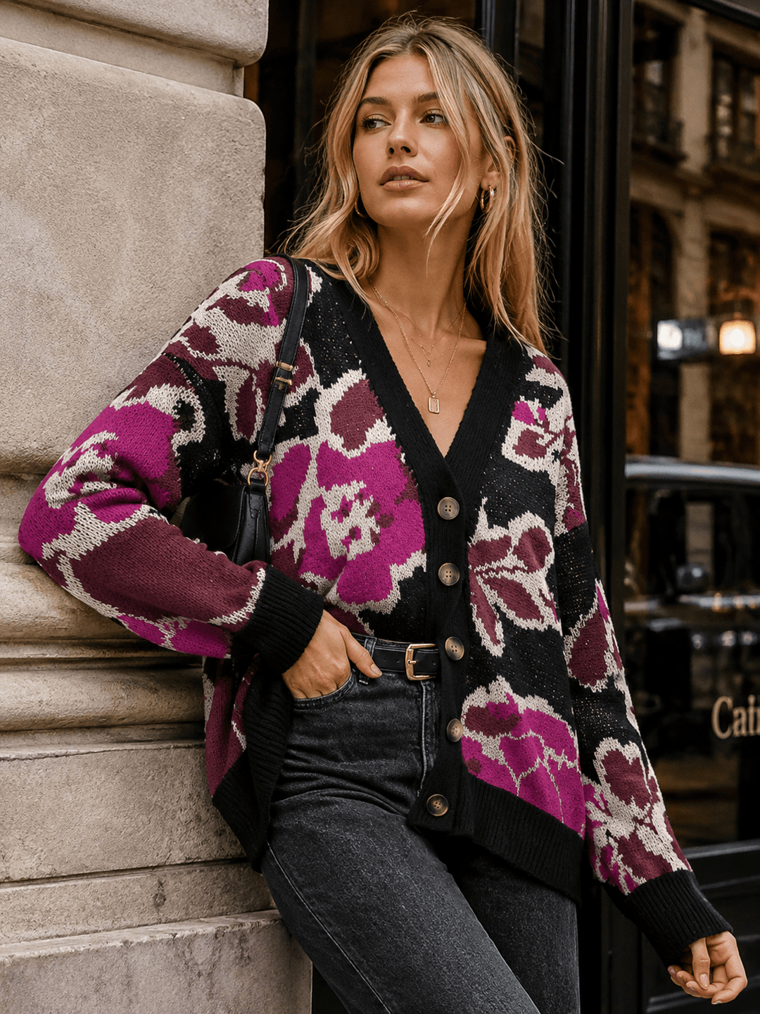 WOMEN'S LONG SLEEVE BUTTON CLOSURE MULTI PRINT CARDIGAN