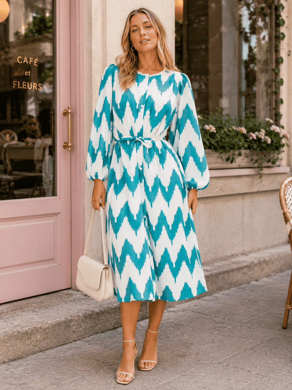 BEULAH WOMEN'S LONG SLEEVE BUTTON UP SELF TIE PRINT MIDI DRESS