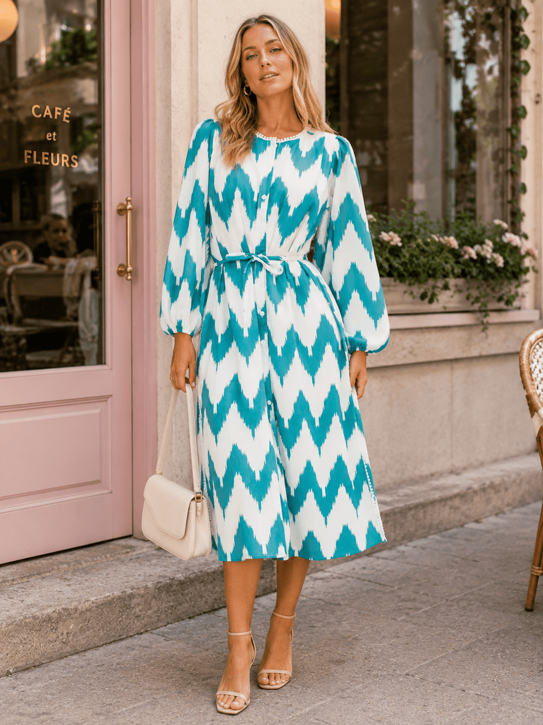BEULAH WOMEN'S LONG SLEEVE BUTTON UP SELF TIE PRINT MIDI DRESS