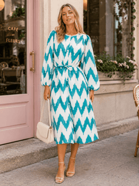 BEULAH WOMEN'S LONG SLEEVE BUTTON UP SELF TIE PRINT MIDI DRESS