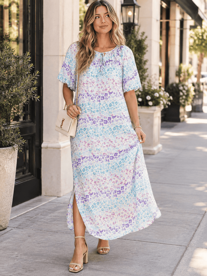 ENTRO WOMEN'S SHORT SLEEVE V-NECK ANIMAL PRINT PRINT TUNIC MAXI DRESS