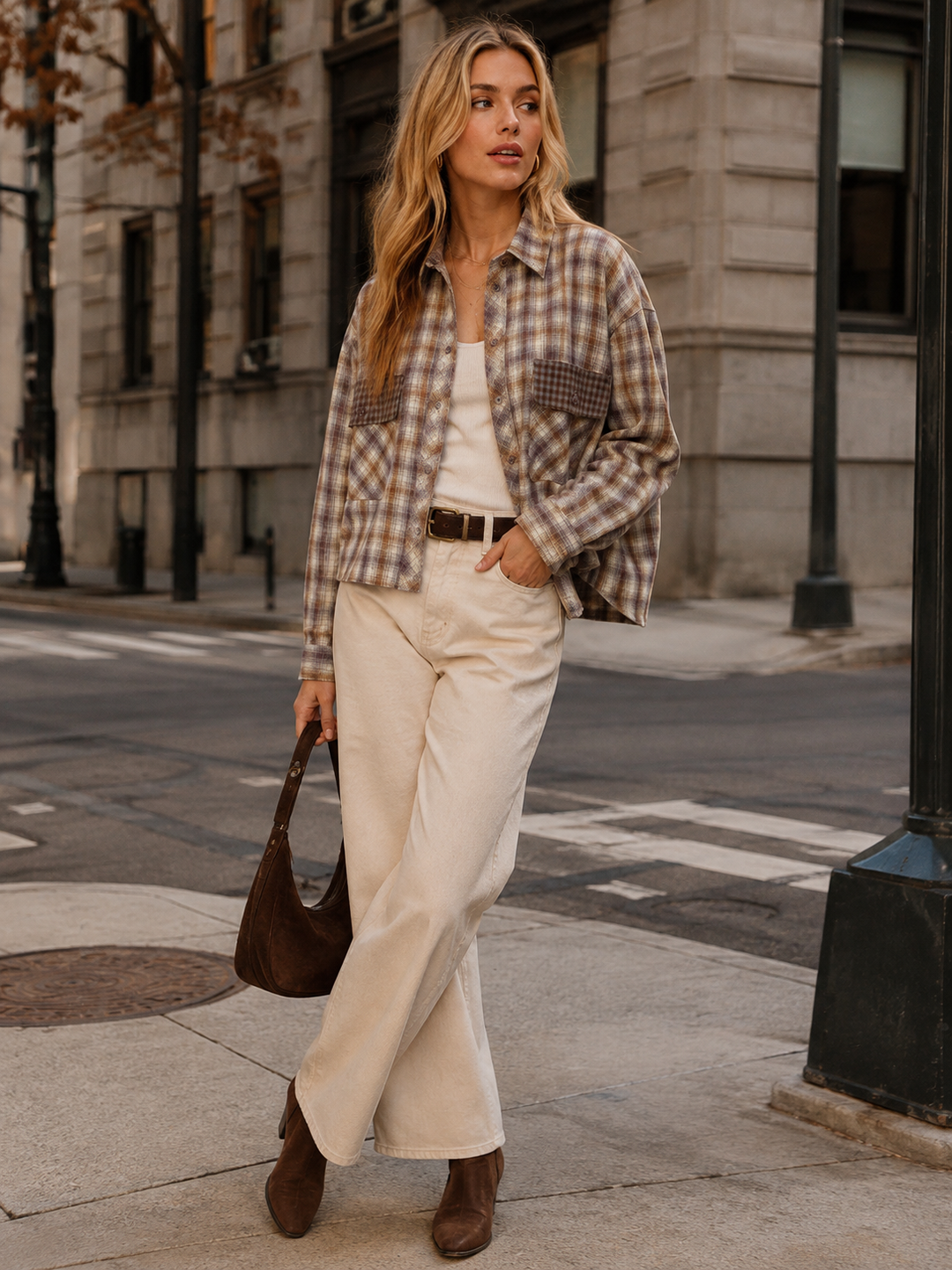 WOMEN'S LONG SLEEVE FRONT POCKETs BUTTON UP PLAID SHIRT