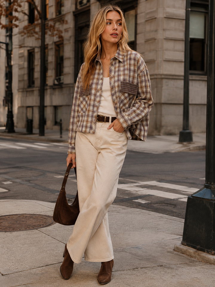 WOMEN'S LONG SLEEVE FRONT POCKETs BUTTON UP PLAID SHIRT