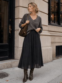 WOMEN'S ELASTIC WAIST POCKETS PLEATED MIDI SKIRT