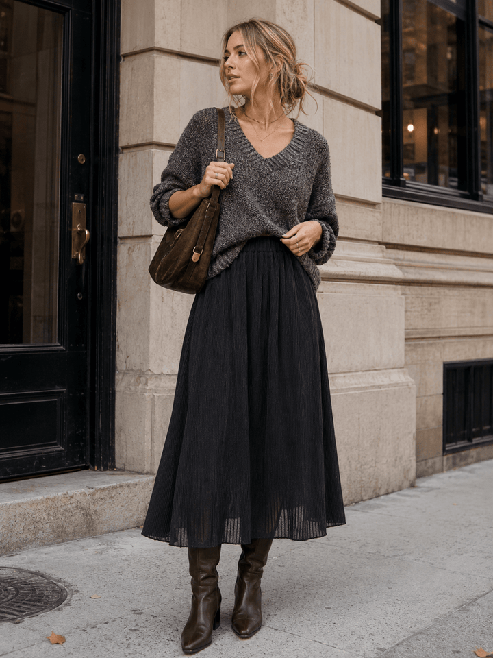 WOMEN'S ELASTIC WAIST POCKETS PLEATED MIDI SKIRT
