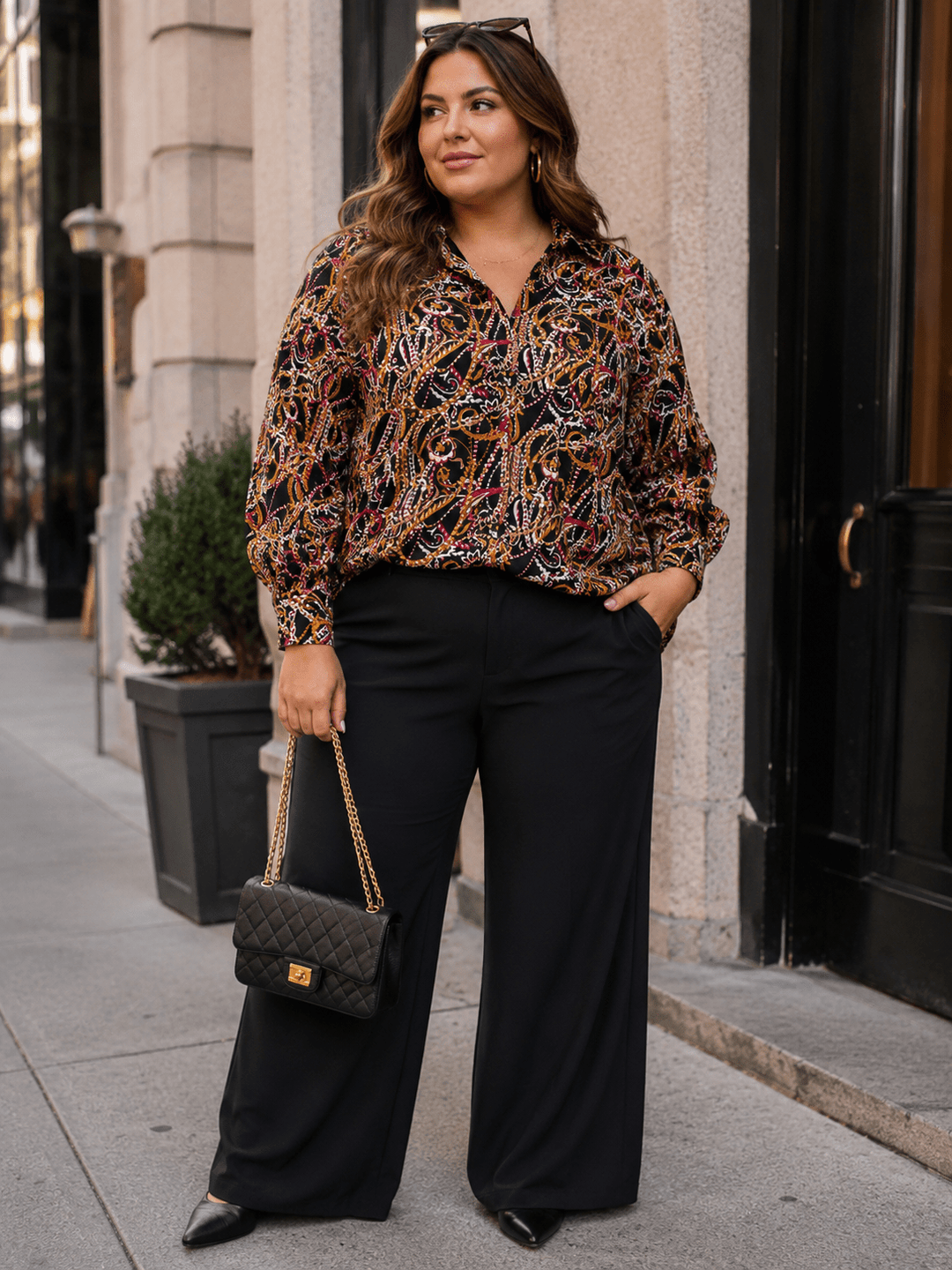 PLUS SIZE LONG SLEEVE BUTTON UP V-NECK MULTI PRINT BLOUSE