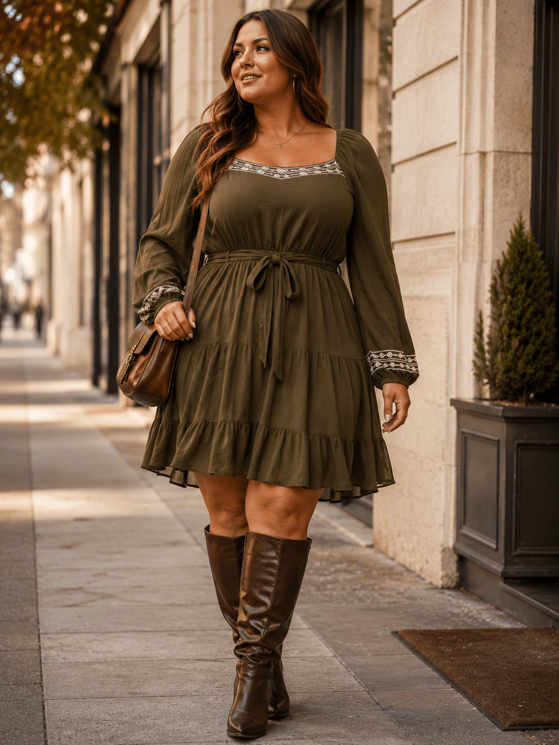 PLUS SIZE LONG SLEEVE SQUARE NECK ELASTIC WAIST SELF TIE TIERED MINI DRESS