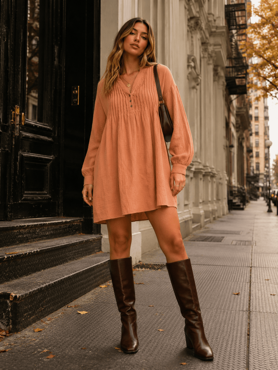 ENTRO WOMEN'S LONG SLEEVE V-NECK BUTTON UP FRONT POCKETS LOOSE FIT MINI DRESS