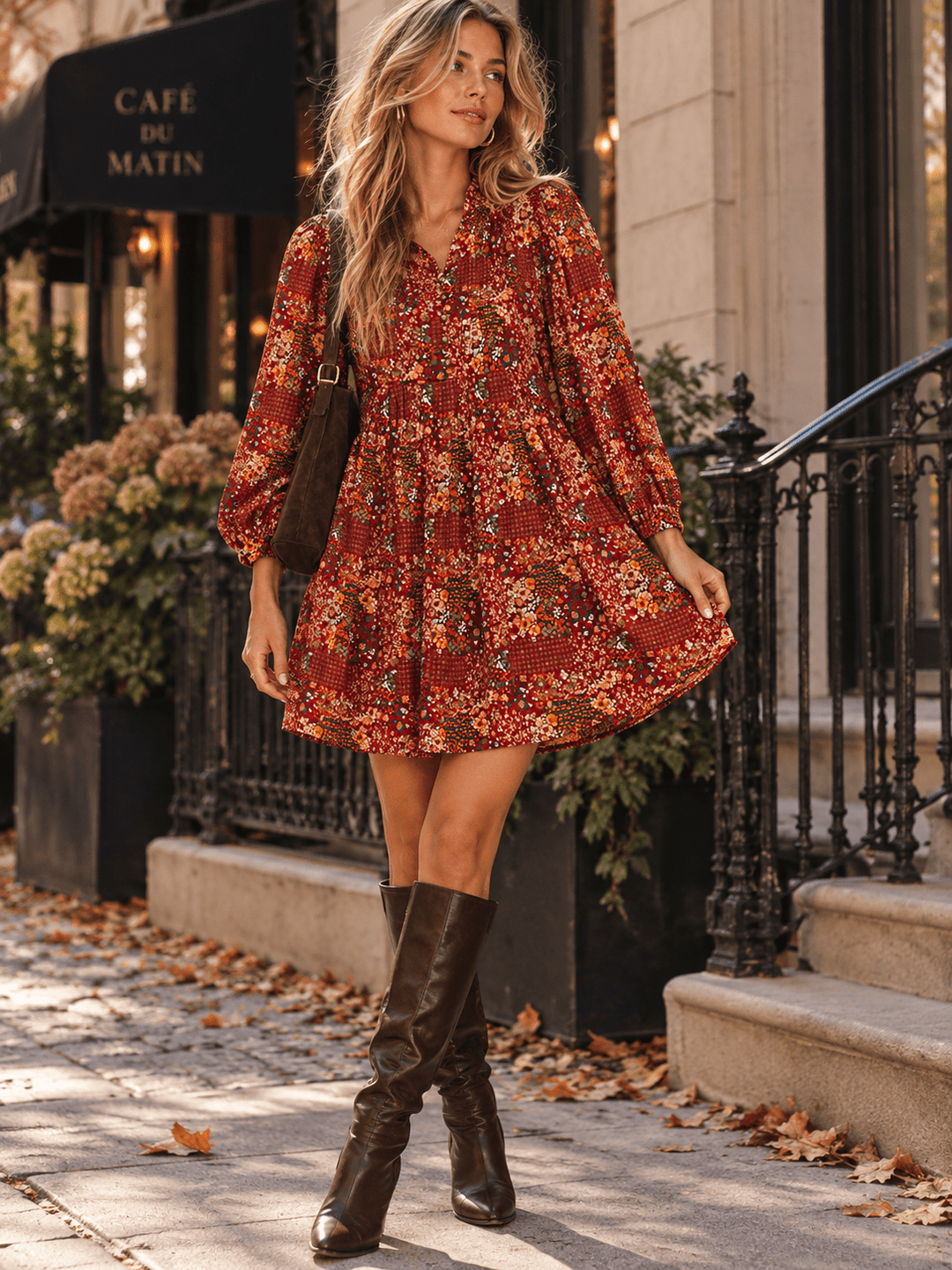 ENTRO WOMEN'S LONG SLEEVE BUTTON UP POCKETS FLORAL PRINT MINI DRESS