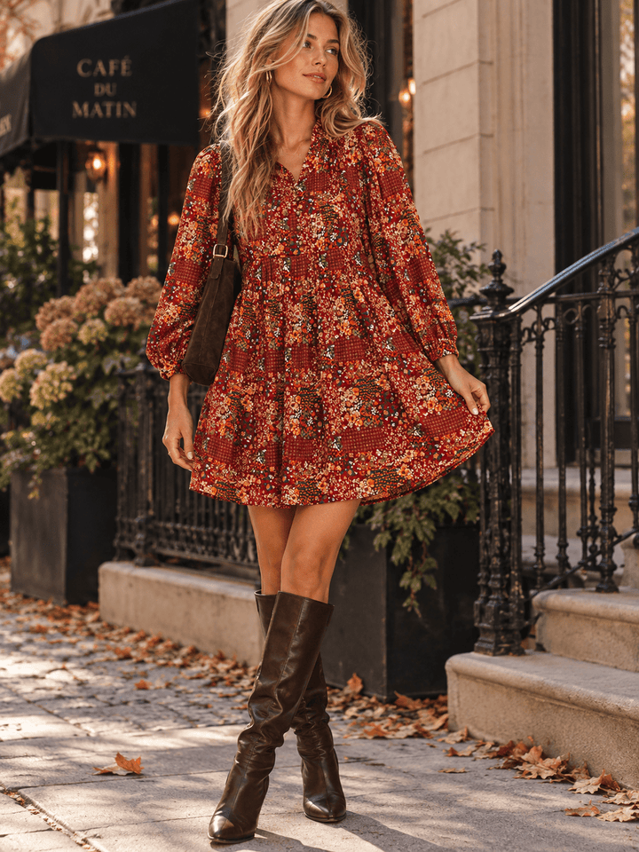 ENTRO WOMEN'S LONG SLEEVE BUTTON UP POCKETS FLORAL PRINT MINI DRESS