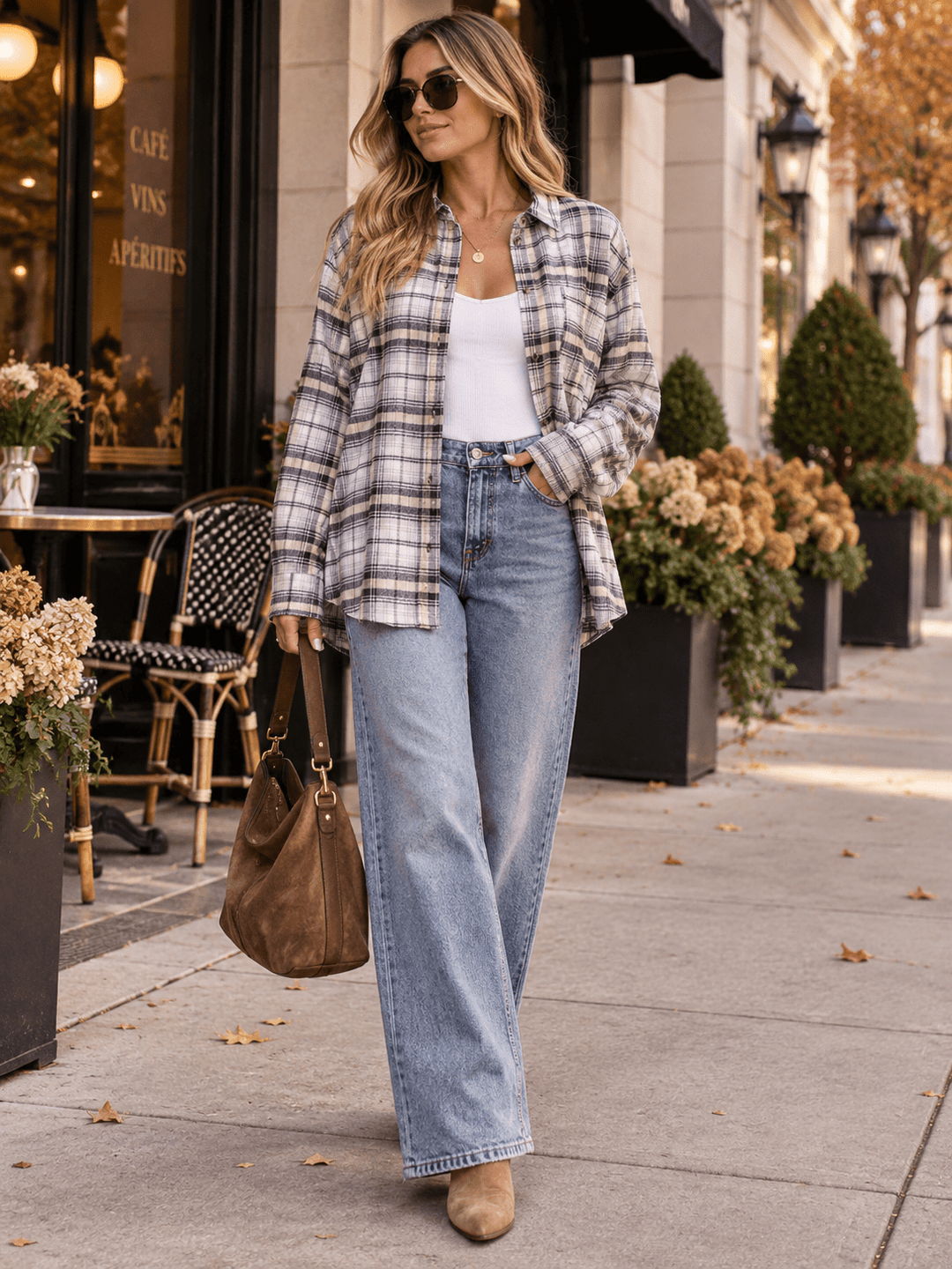 WOMEN'S LONG SLEEVE BUTTON CLOSURE FRONT POCKET PLAID SHIRT