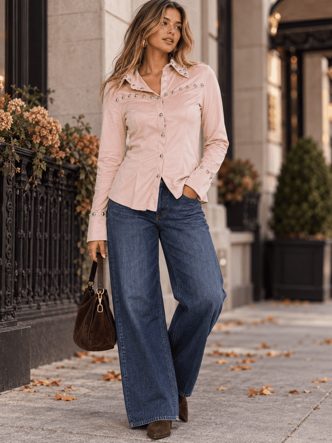 WOMEN'S LONG SLEEVE BUTTON UP STUDS VELVET BLOUSE
