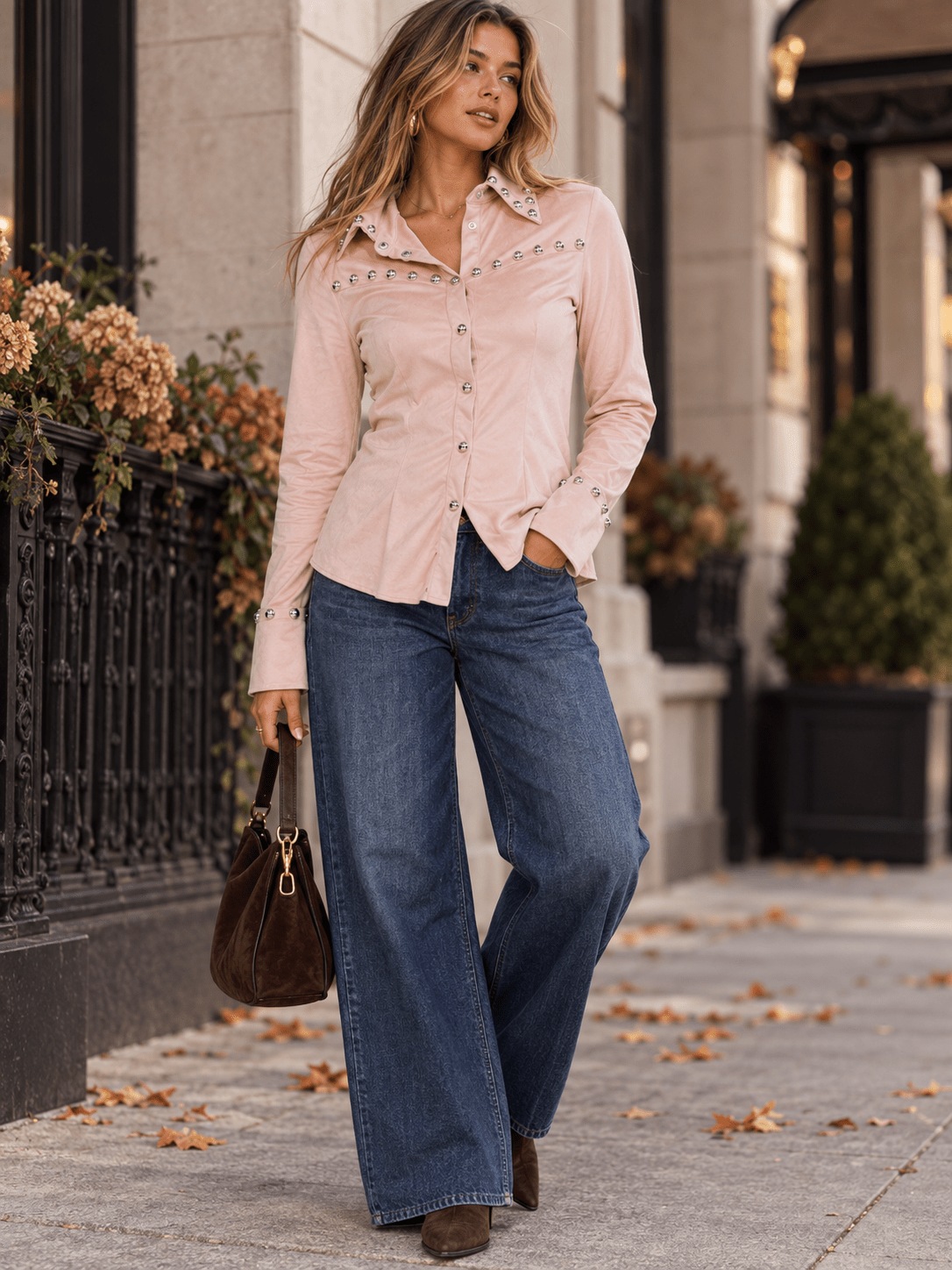 WOMEN'S LONG SLEEVE BUTTON UP STUDS VELVET BLOUSE