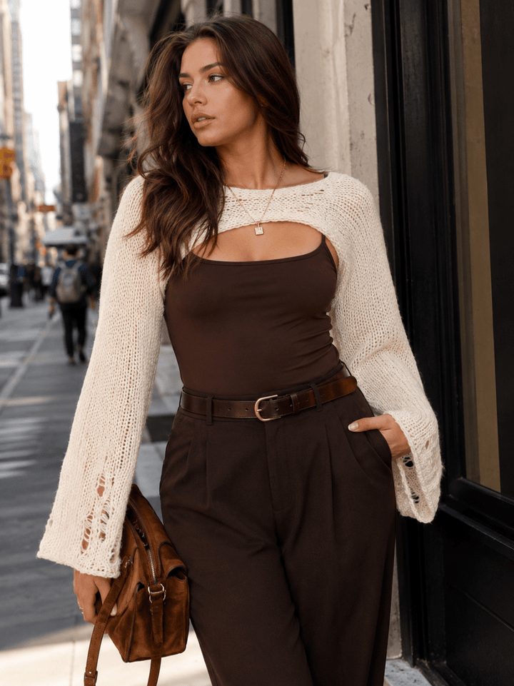 WOMEN'S LONG BELL SLEEVE DISTRESS CROCHET KNIT SHRUG SWEATER