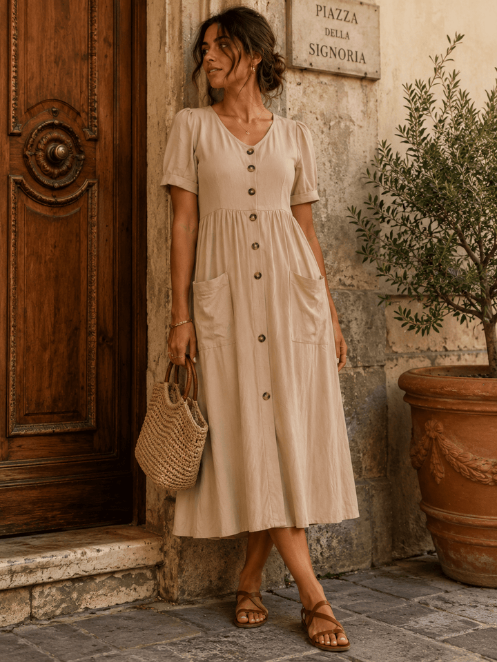 WOMEN'S SHORT SLEEVE BUTTON UP FRONT POCKETS MAXI DRESS