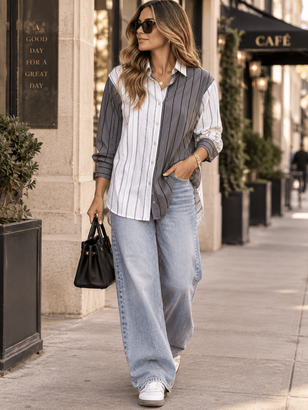 WOMEN'S LONG SLEEVE BUTTON UP STRIPES COLORBLOCK SHIRT